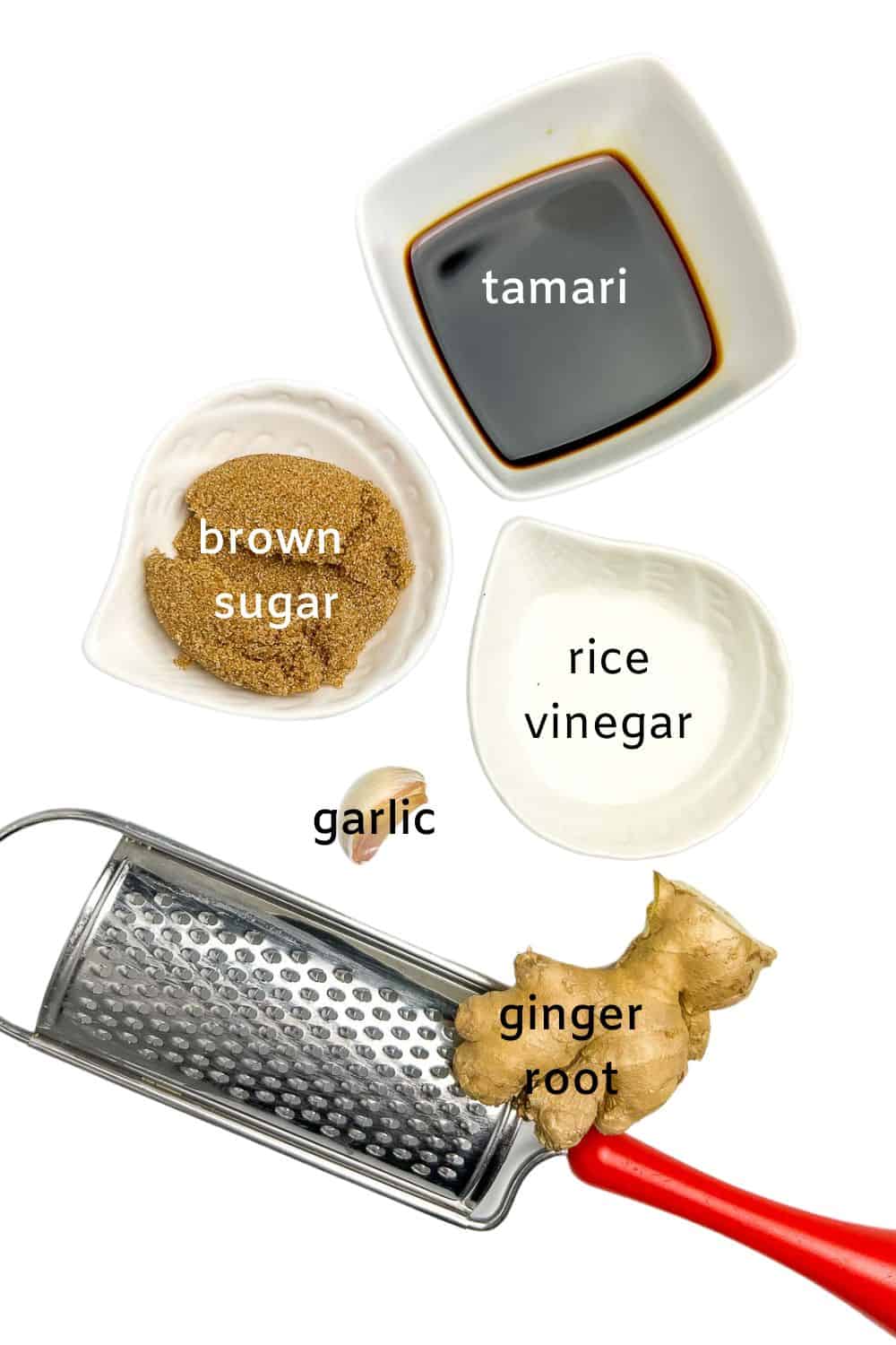 Labelled ingredients for teriyaki marinade.