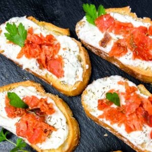 Smoked Salmon Crostini with whipped honey lemon goat cheese.