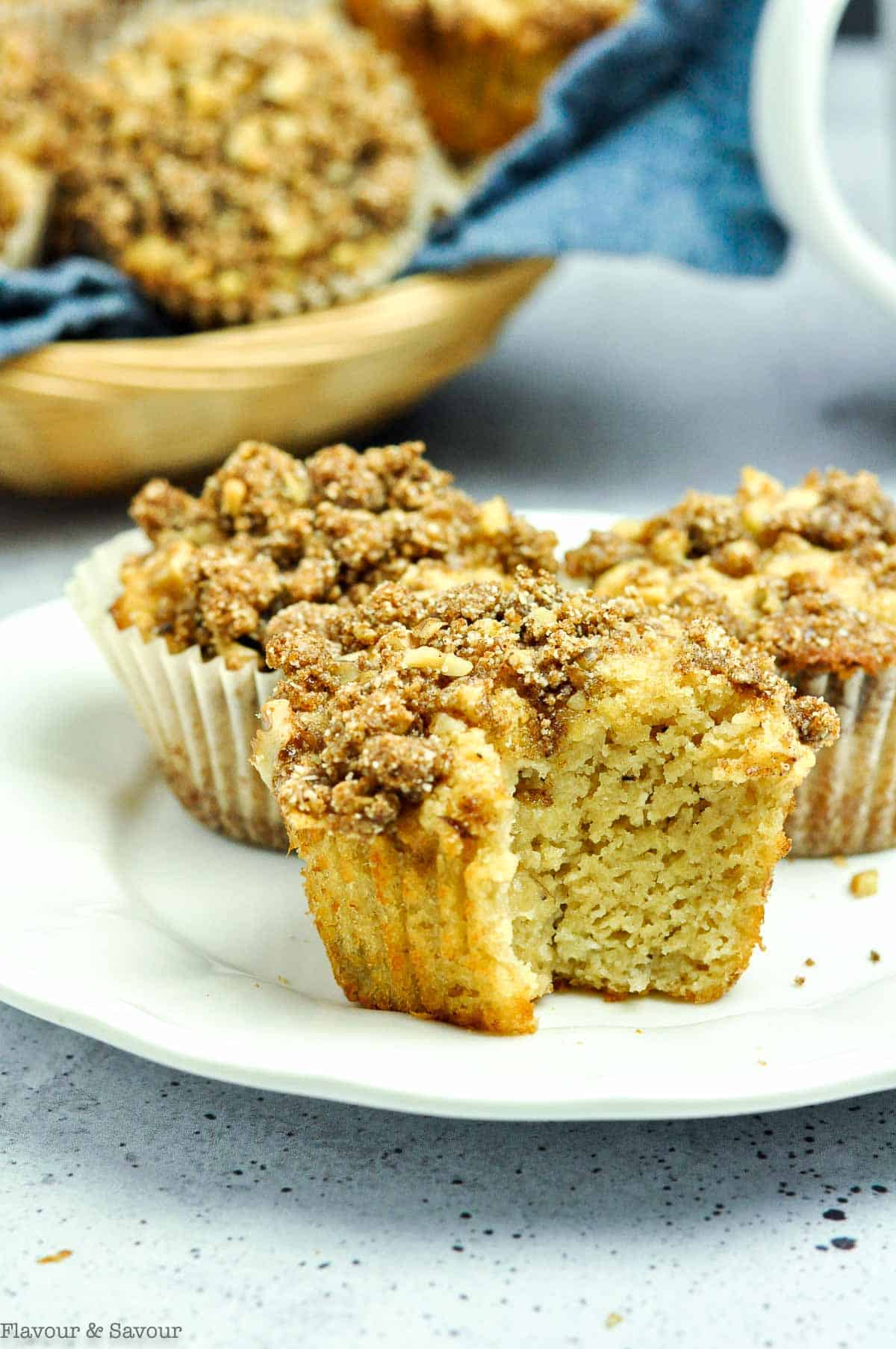 Almond Flour Banana Streusel Muffins showing hte inside texture.