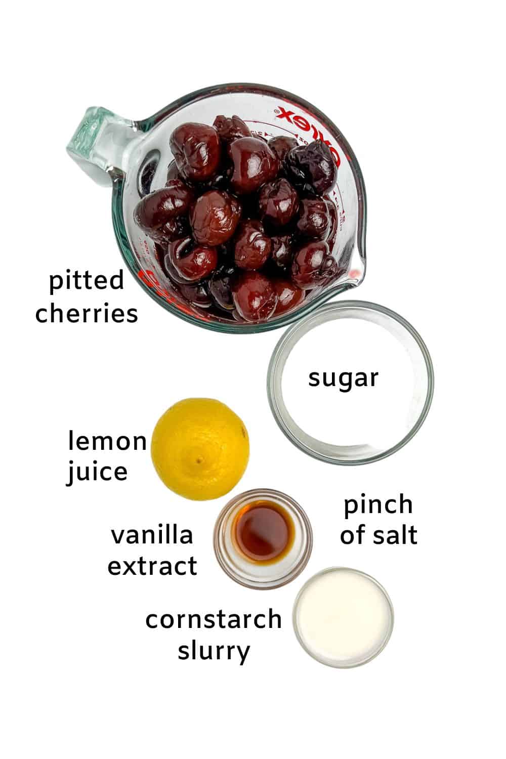 Labelled ingredients for cherry pie filling for puff pastry hand pies.