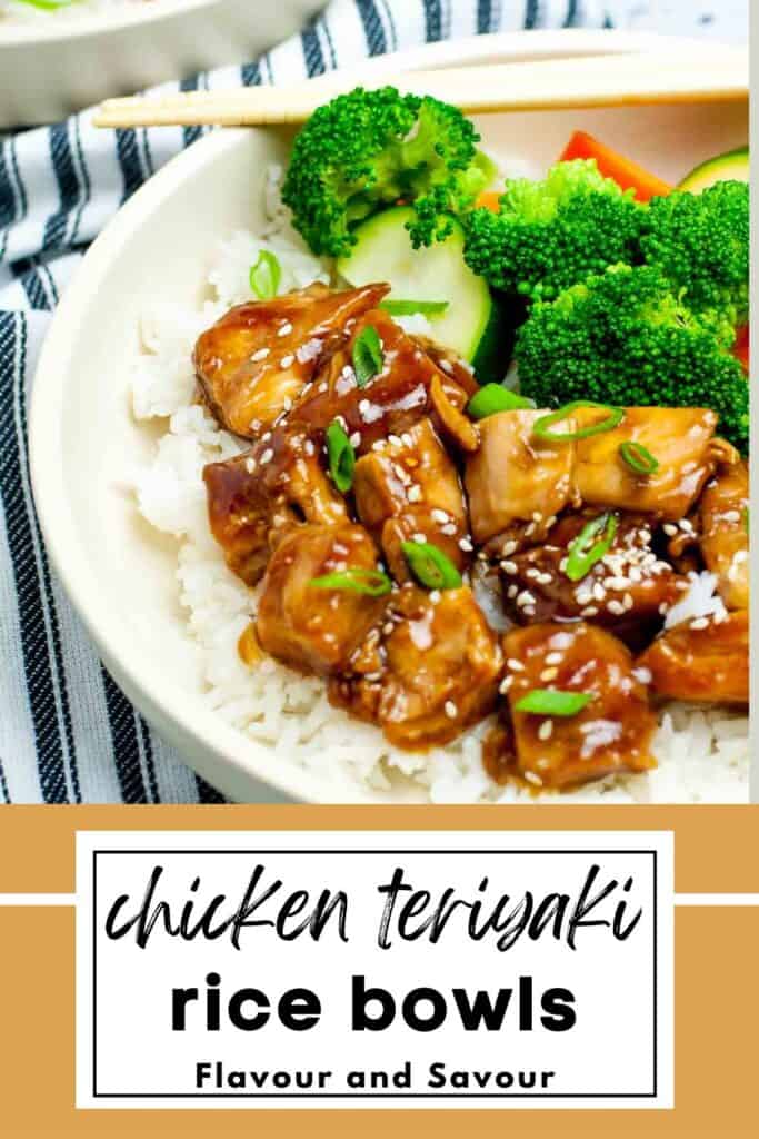 Image with text overlay for Chicken Teriyaki Rice Bowls.
