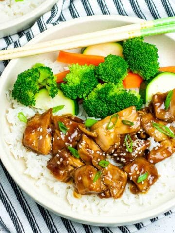 Overhead view of a Teriyaki Chicken Rice Bowl with vegetables.
