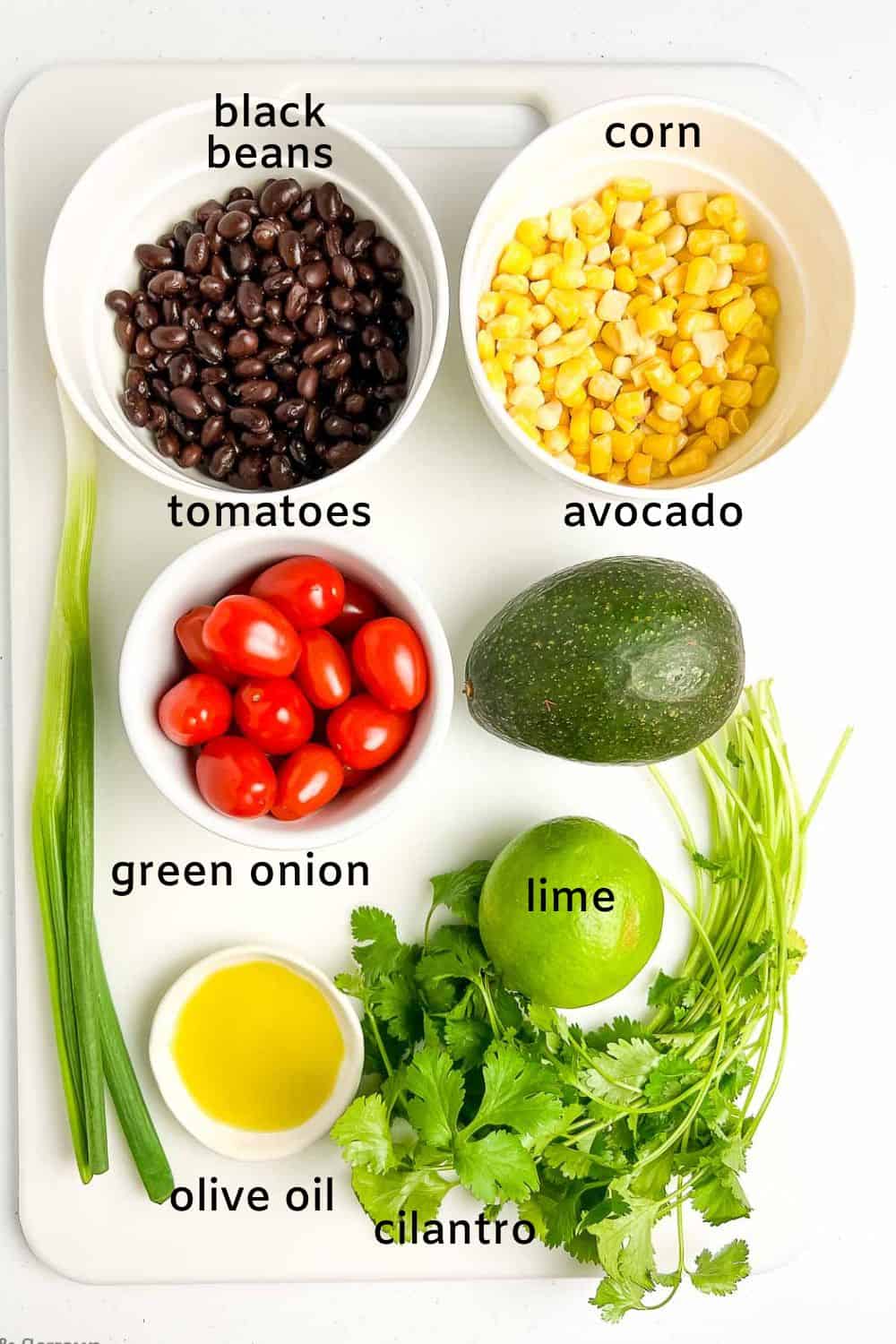 Labelled ingredients for jerk salmon and black bean salad, including black beans, corn, tomatoes, avocado, green onion, lime, olive oil, cilantro and honey.