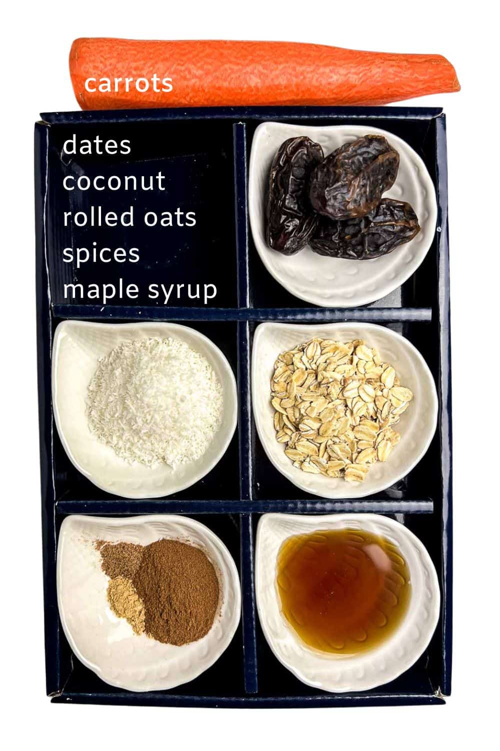 Labelled ingredients for carrot cake energy bites.