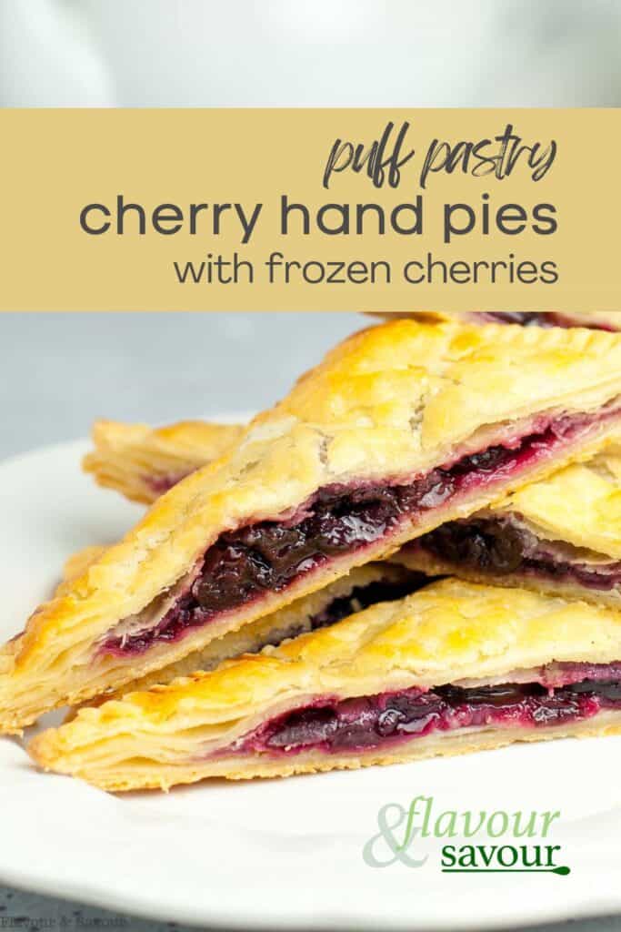 Image with text overlay for puff pastry cherry hand pies with frozen cherries.