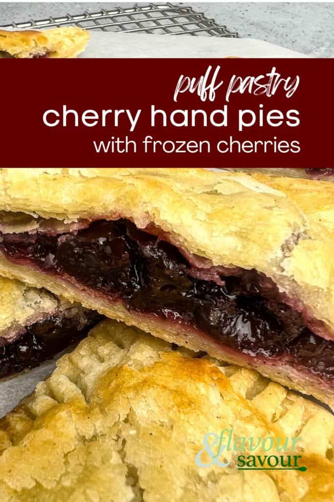 Image with text overlay for puff pastry cherry hand pies.