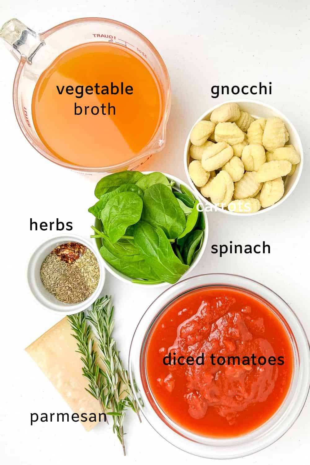 Soup ingredients with labels for Italian vegetable gnocchi soup.