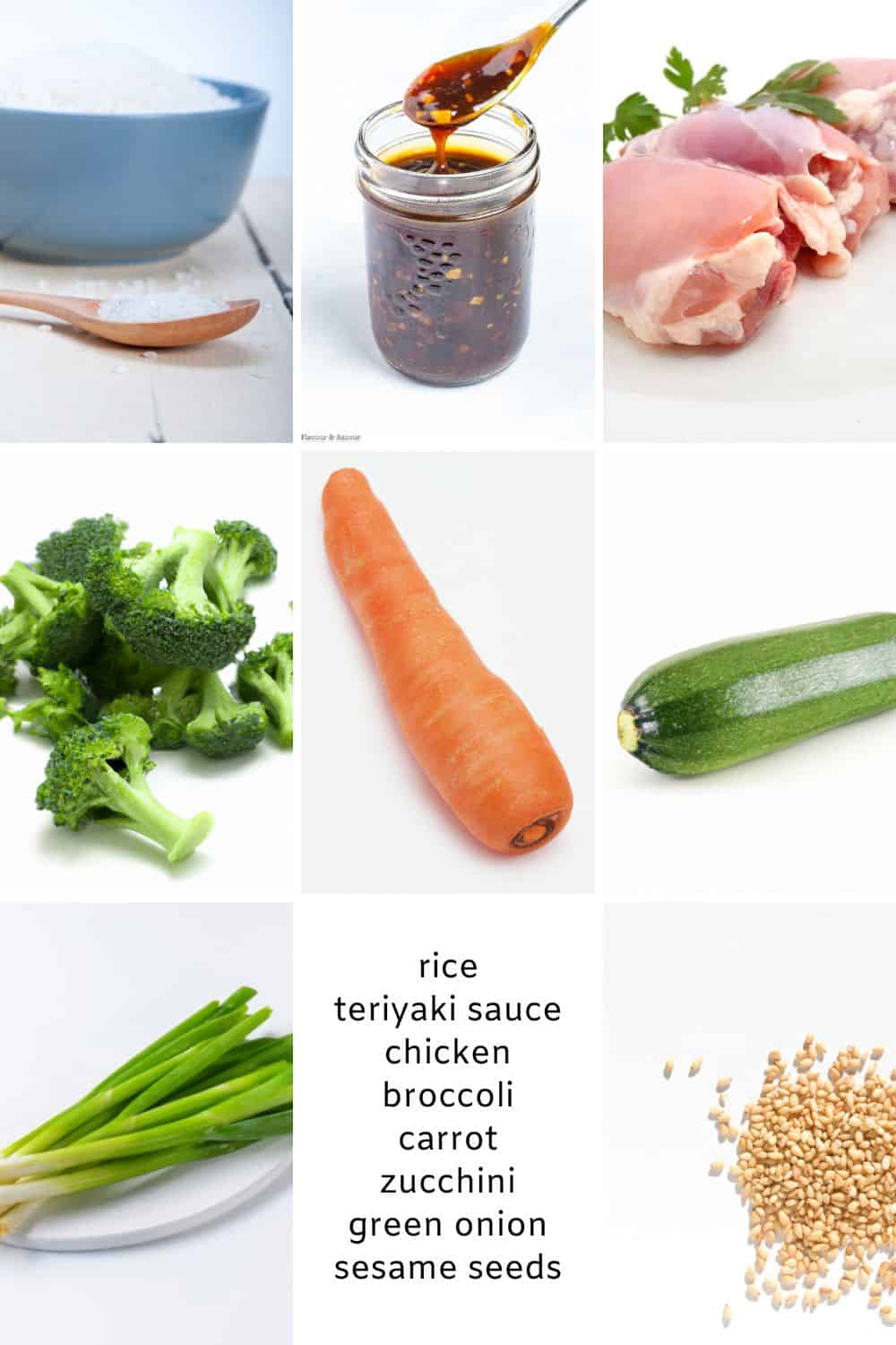Ingredients for teriyaki chicken rice bowls.