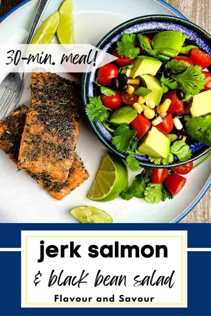 Image with text overlay for jerk salmon and black bean salad.