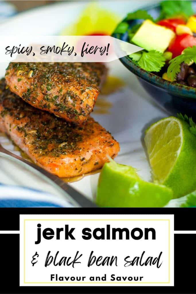 Image and text for jerk salmon with black bean salad.
