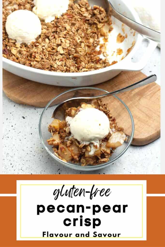 Image with text for gluten-free pecan pear crisp.