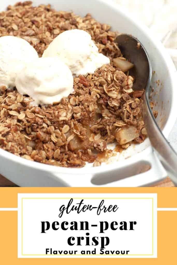 Image with text overlay for gluten-free pear crisp with pecan topping.