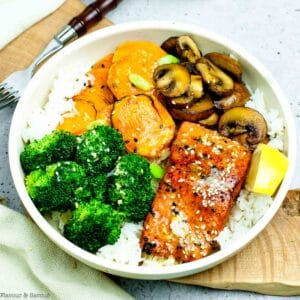 Overhead view of a Sesame Miso Salmon Rice Bowl.