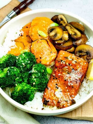 Overhead view of a Sesame Miso Salmon Rice Bowl.