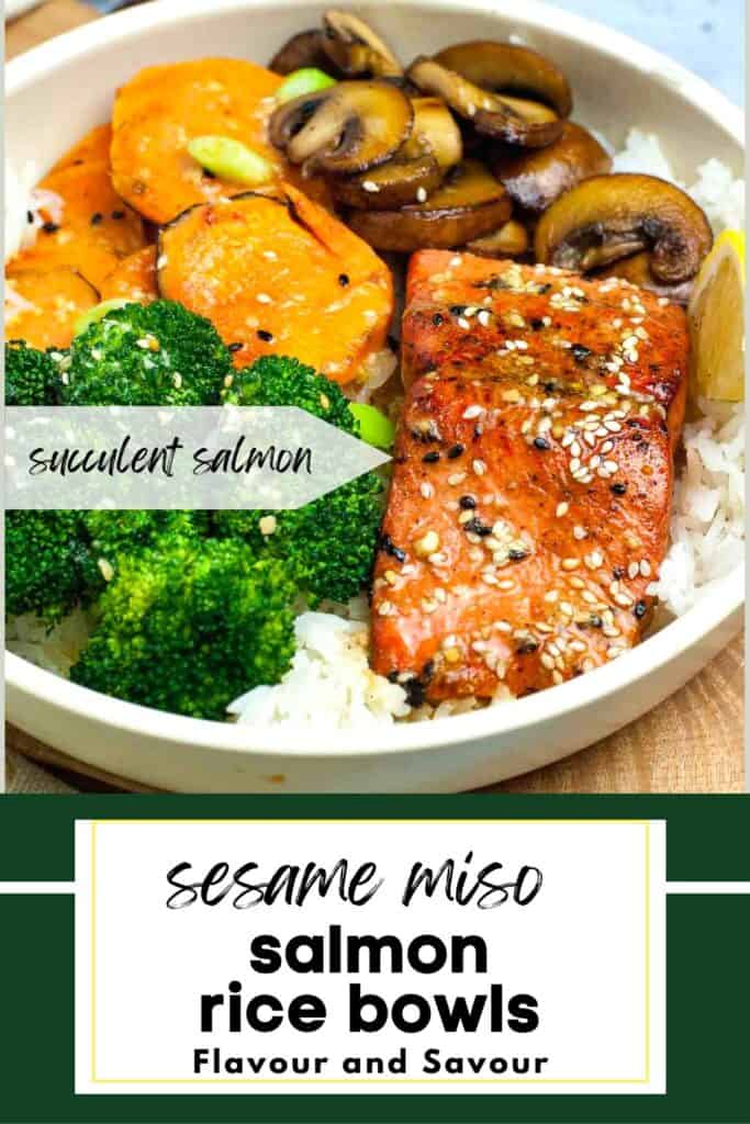 Image with text overlay for salmon bowls with sesame miso sauce.