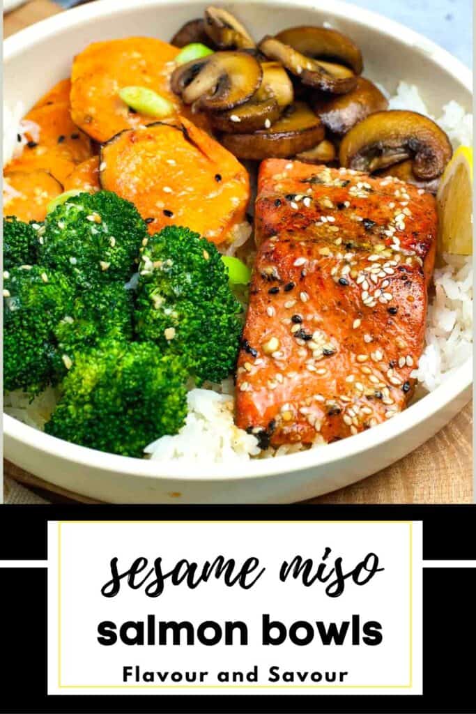 Text with image for sesame miso salmon bowls.