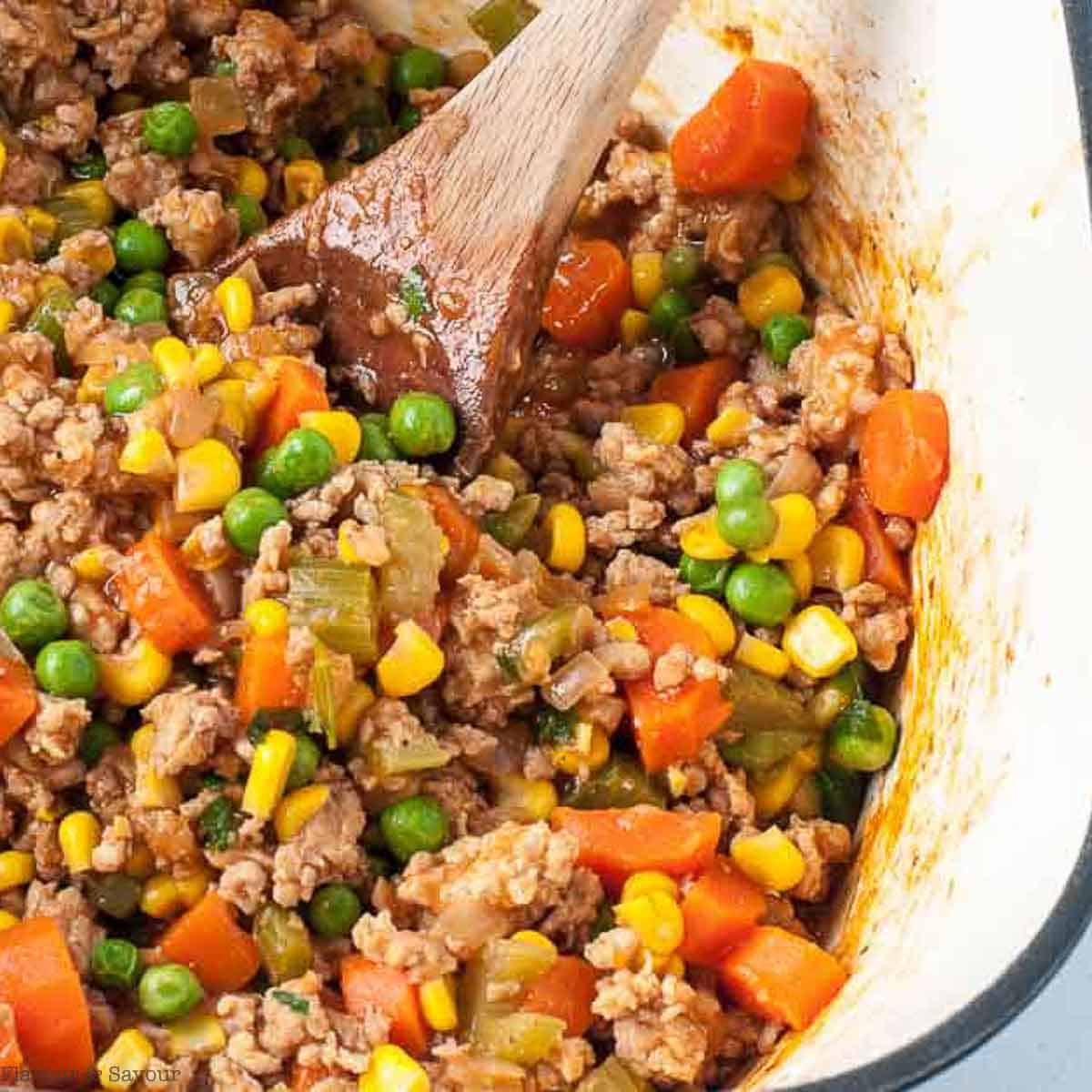 Filling for shepherd's pie in a pot.