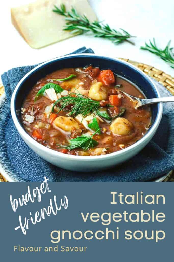 Image with text for Italian vegetable gnocchi soup.