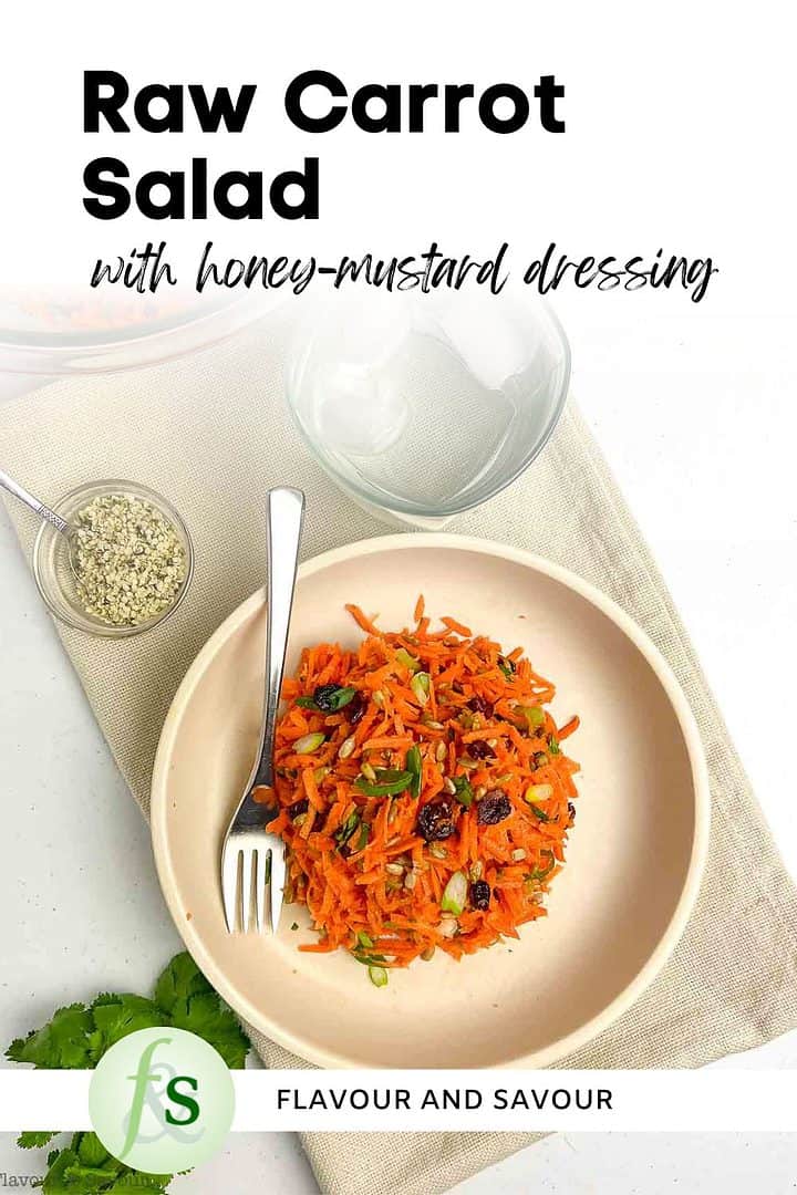 Image with text for raw carrot salad with honey-Dijon dressing.