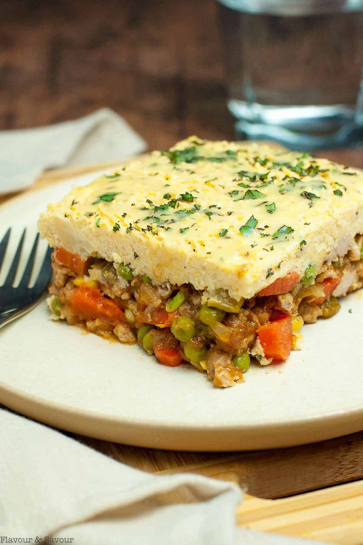 A serving of shepherd's pie with mashed cauliflower topping.