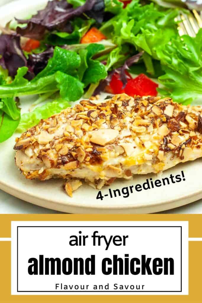 Image with text overlay for air fryer almond-crusted chicken.