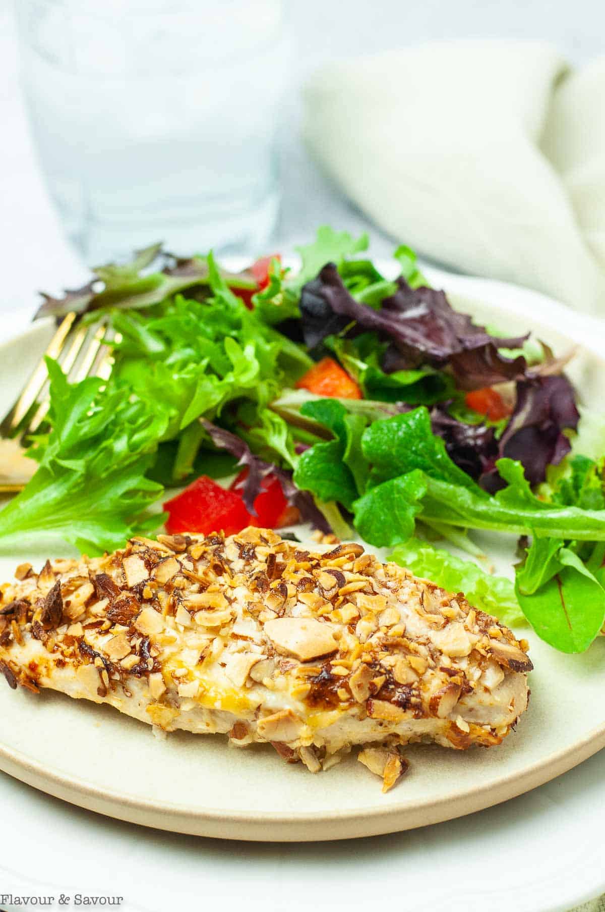 A chicken breast cooked in an air fryer with a crunchy almond coating.