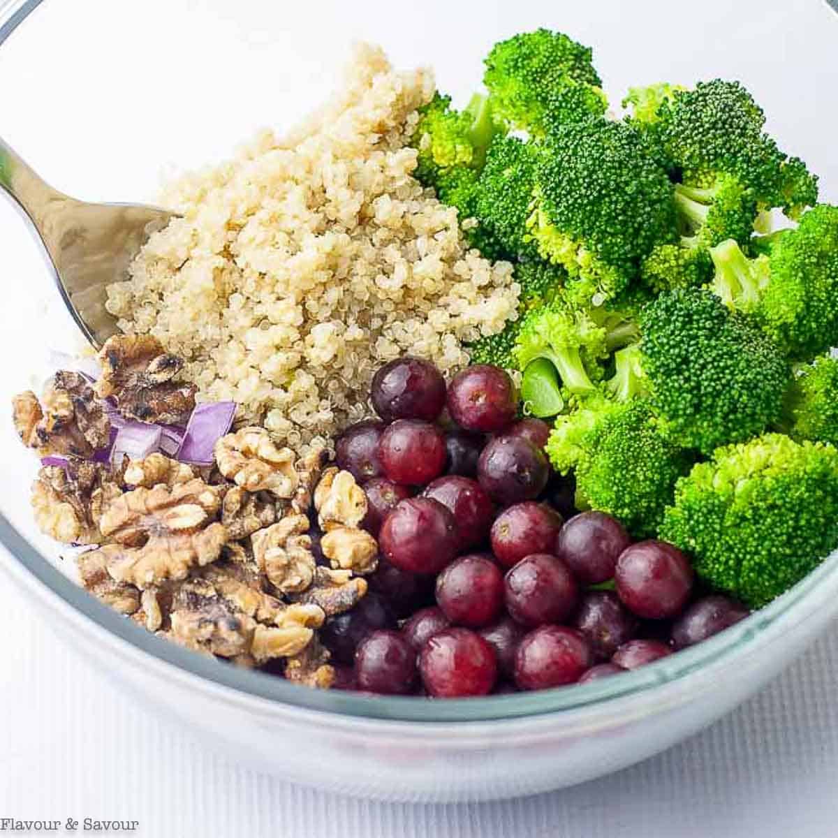 Ingredients for broccoli quinoa salad in a glass bowl - broccoli florets, red grapes, quinoa, red onion, walnuts.