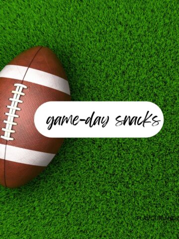 Image of a football with text overlay reading Game-Day Snacks.