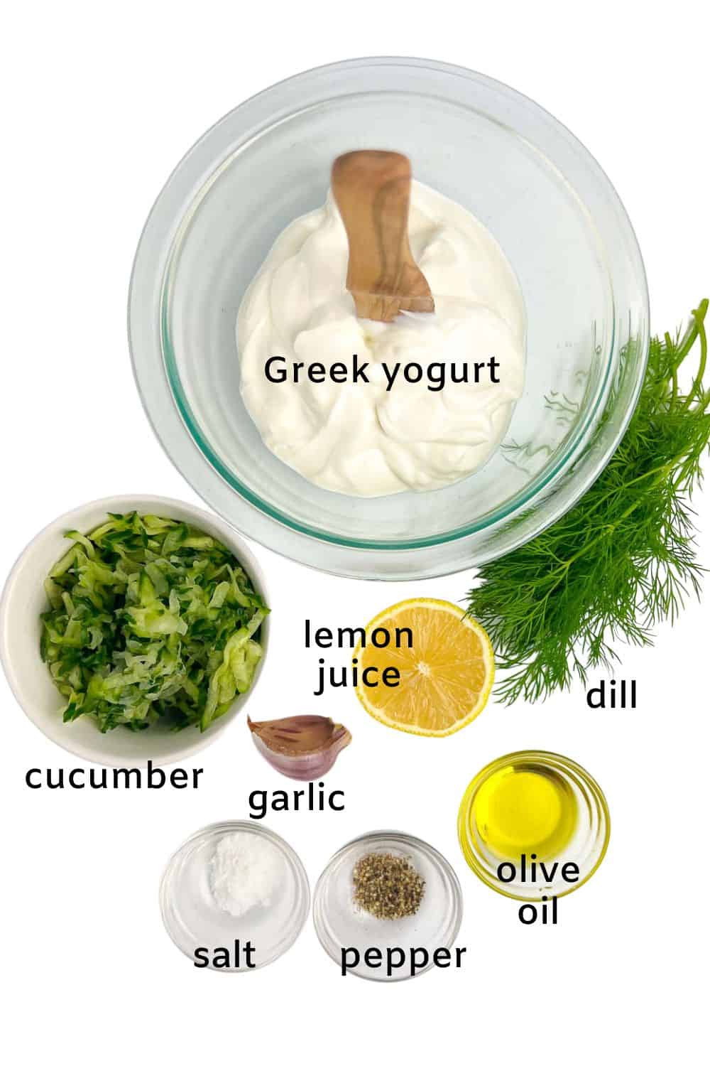 Ingredients for authentic Greek tzatziki sauce.