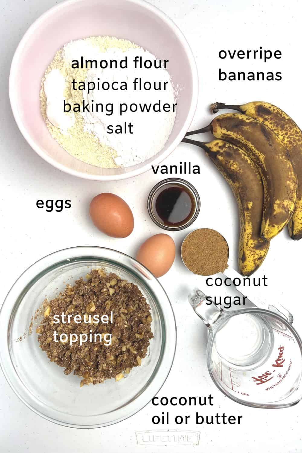 Labelled ingredients for banana muffins with streusel topping.