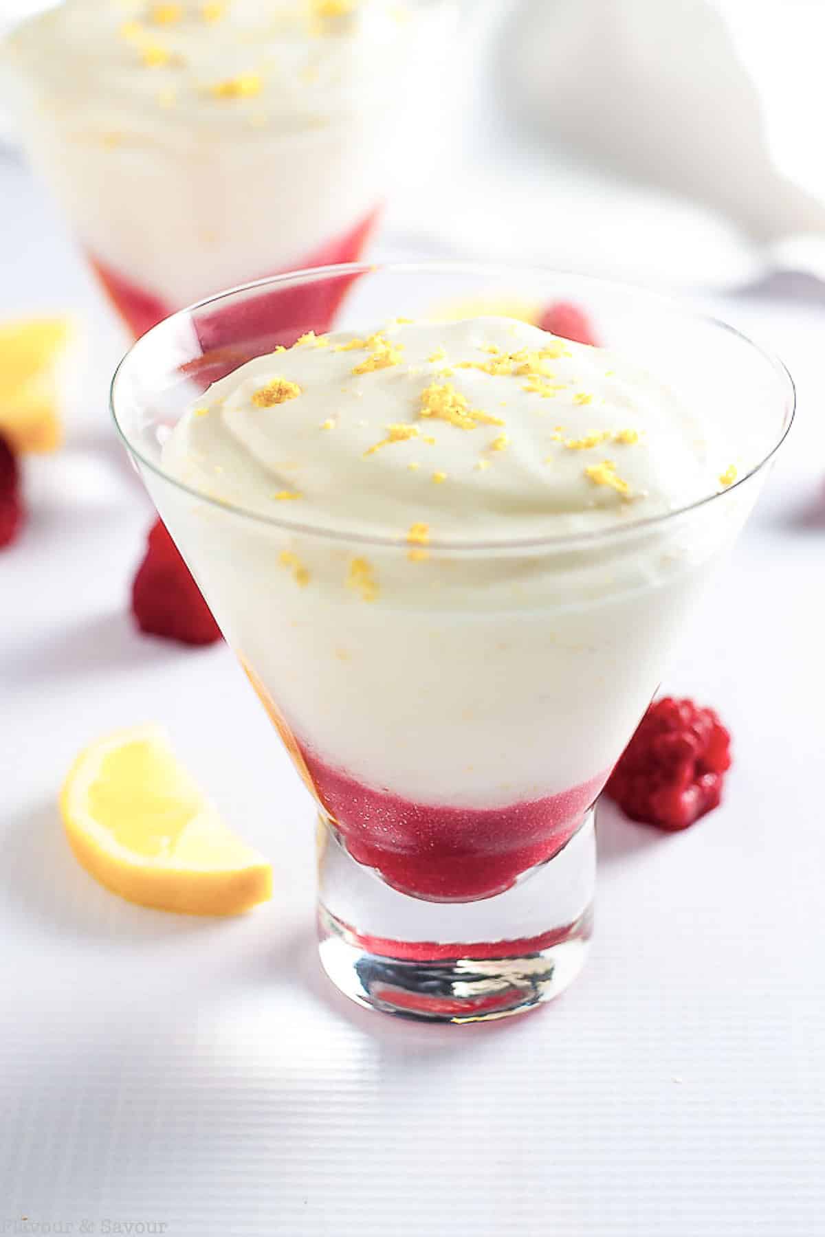 Dessert glasses with light lemon mousse made with Greek yogurt.