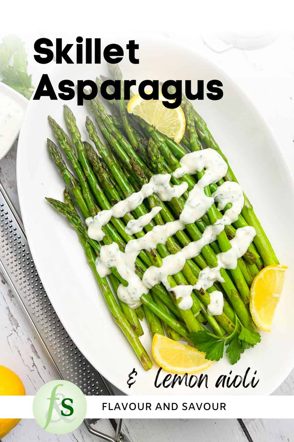Image with text for skillet asparagus with lemon garlic aioli.