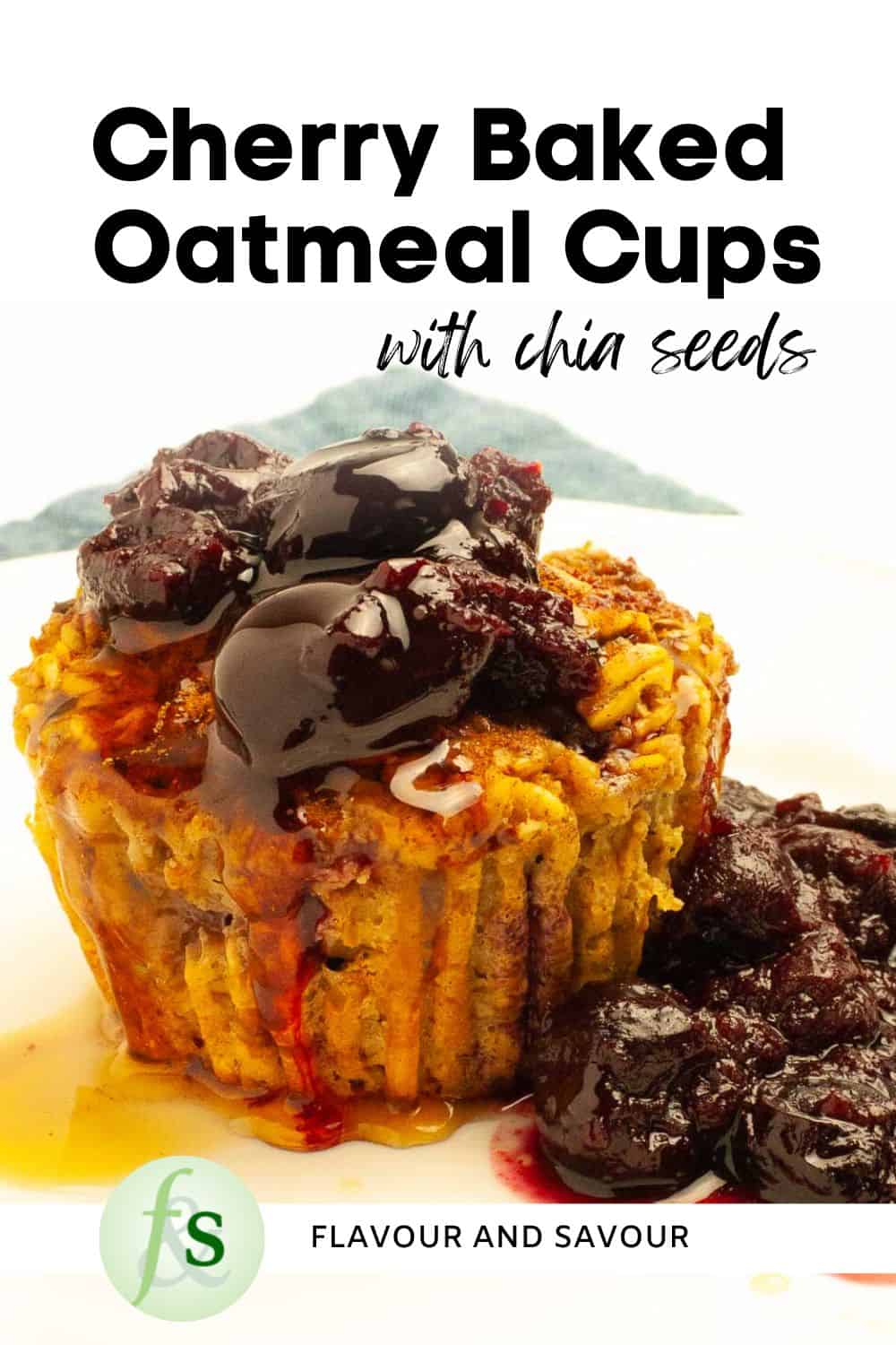 Image with text for cherry baked oatmeal cups.