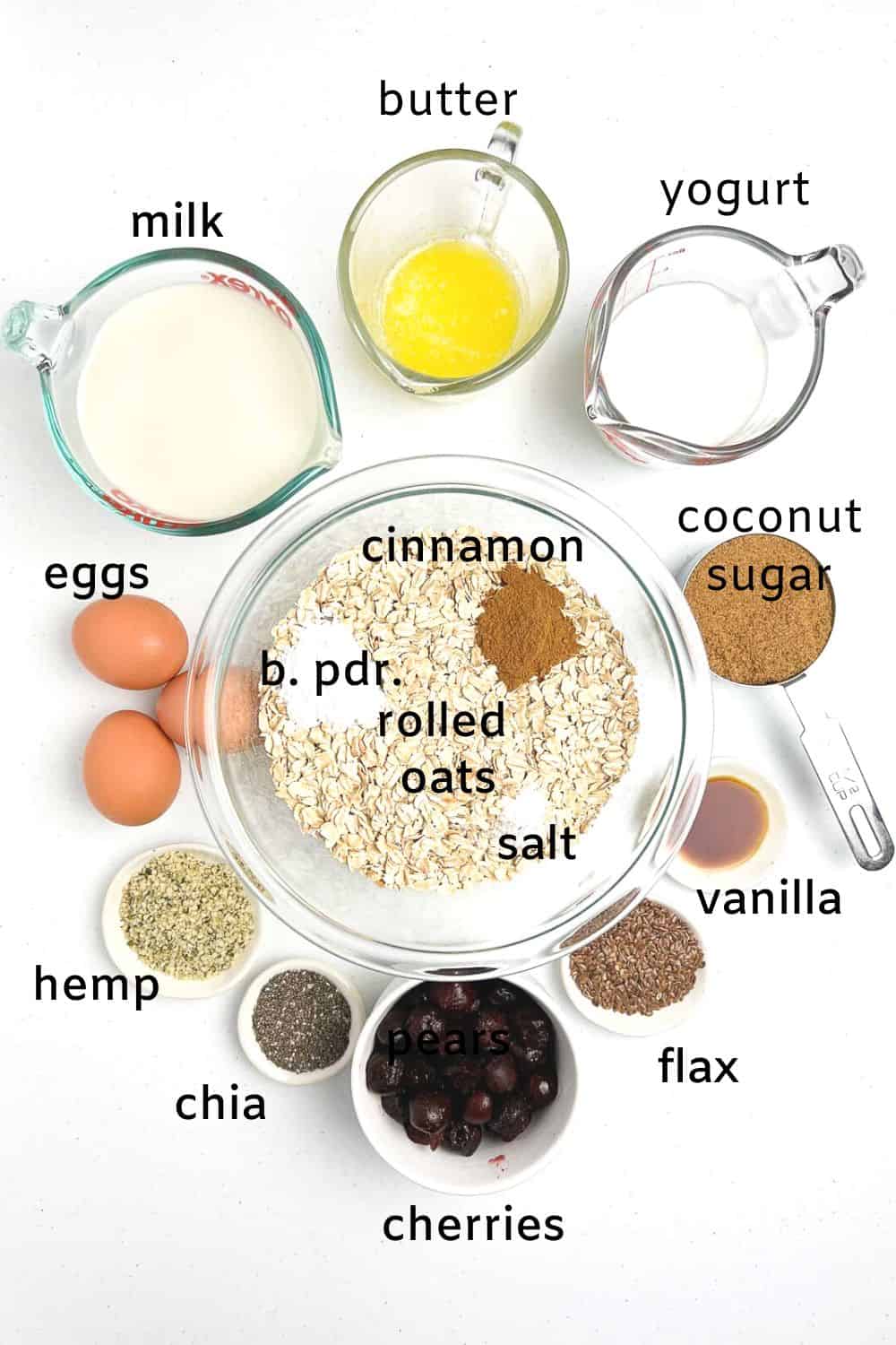 Labelled ingredients for baked oatmeal with cherries.