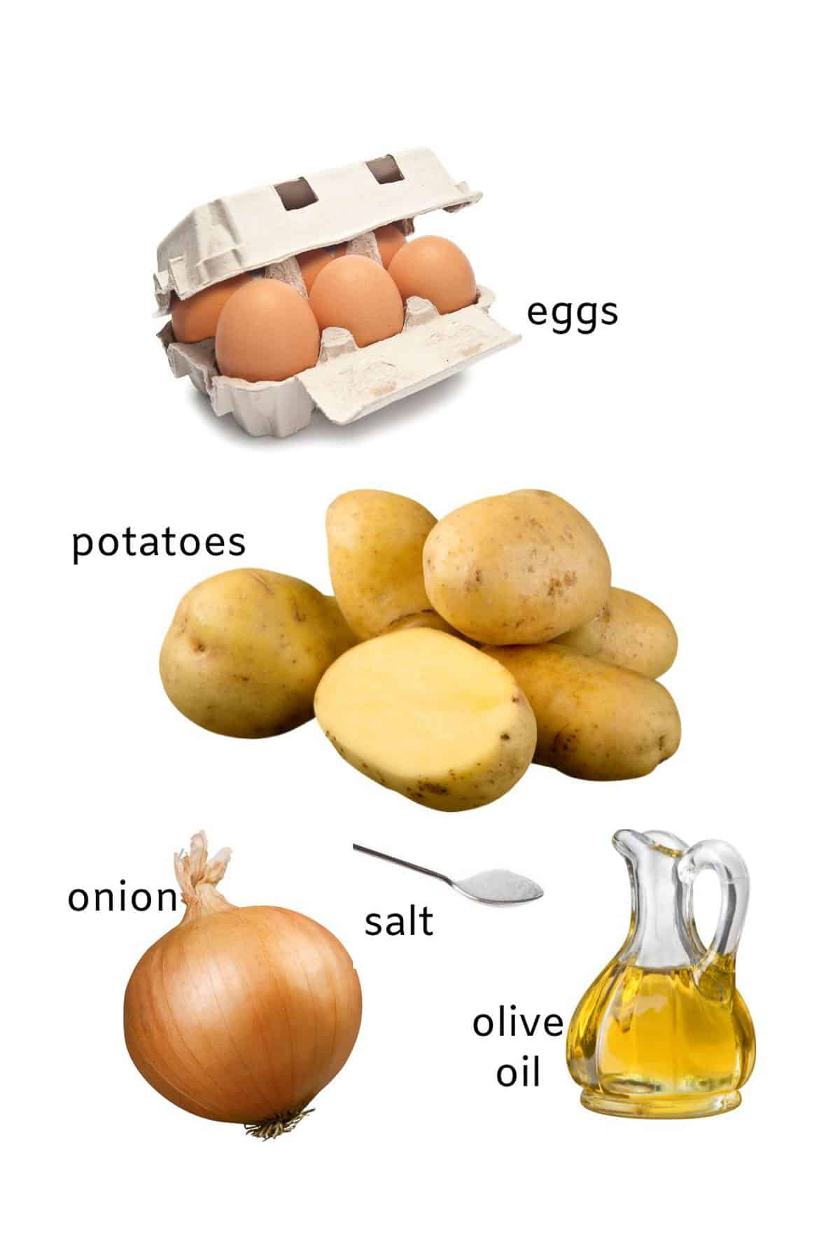 Ingredients for Tortilla Española: potatoes, eggs, onion, olive oil and salt.