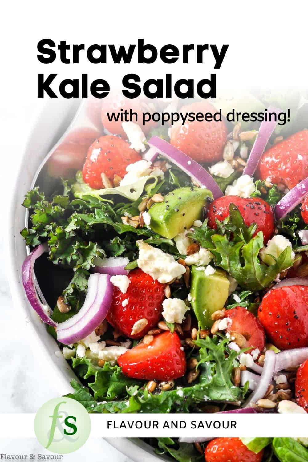 Image with text for Strawberry Kale Salad with Poppyseed Dressing.