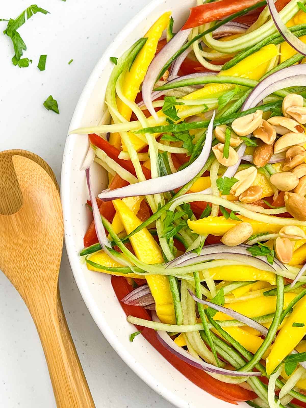 Close up overhead view of a bowl of Thai mango salad.