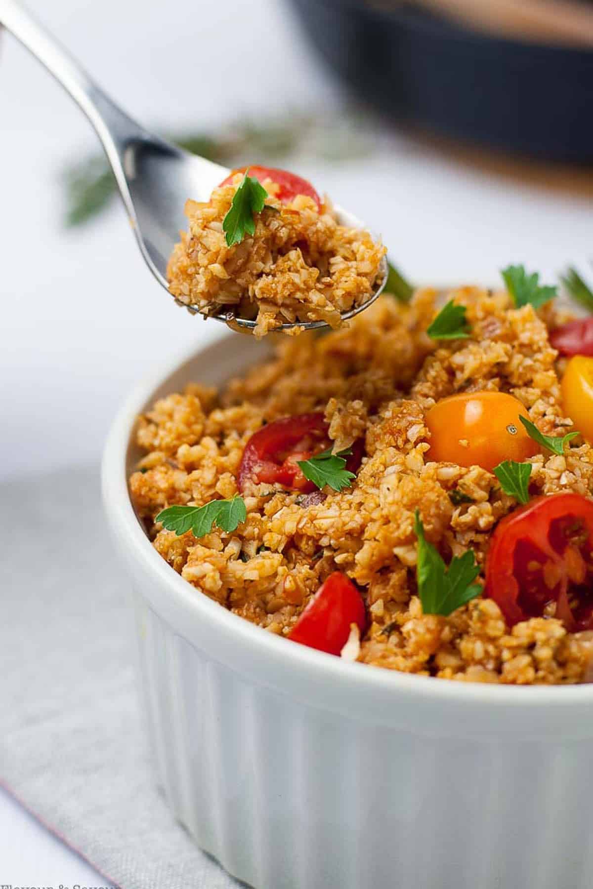 A spoonful of Spanish-style cauliflower rice.