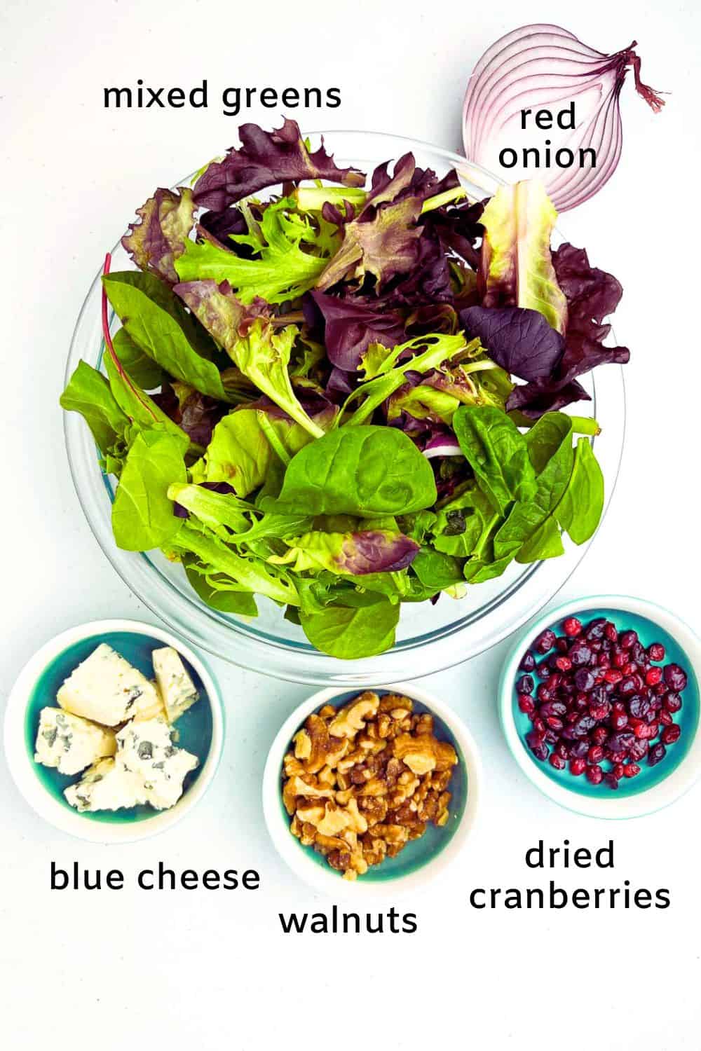 Labelled ingredients for blue cheese walnut salad: mixed greens, blue cheese, walnuts, dried cranberries and red onion.