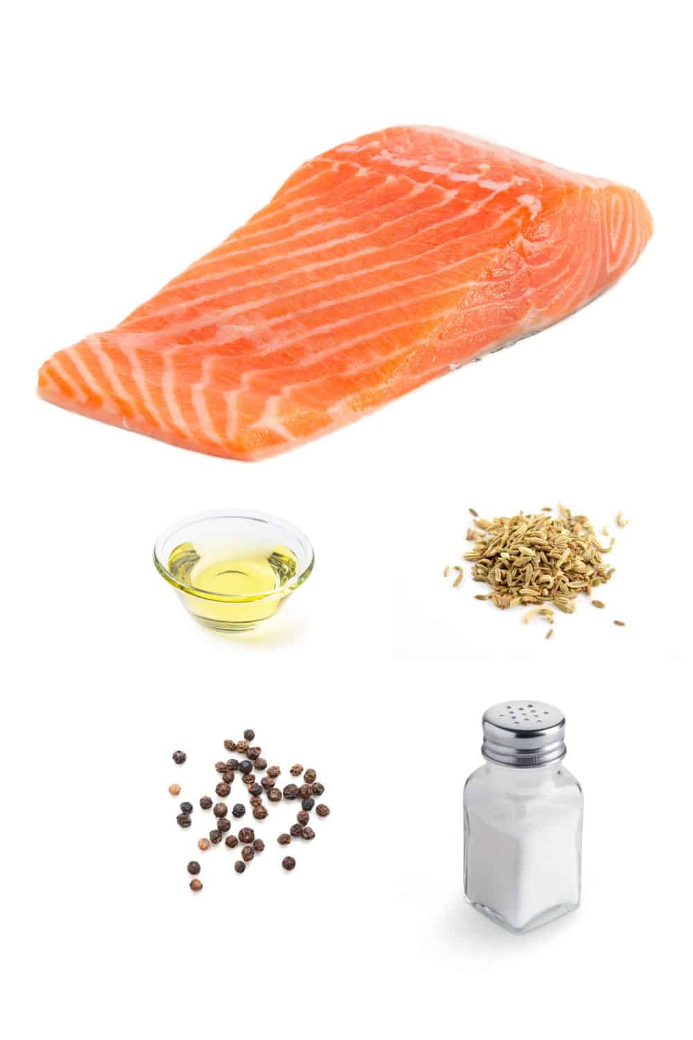 Ingredients for fennel-crusted salmon: salmon fillet, olive oil, fennel seeds, peppercorns, sea salt.