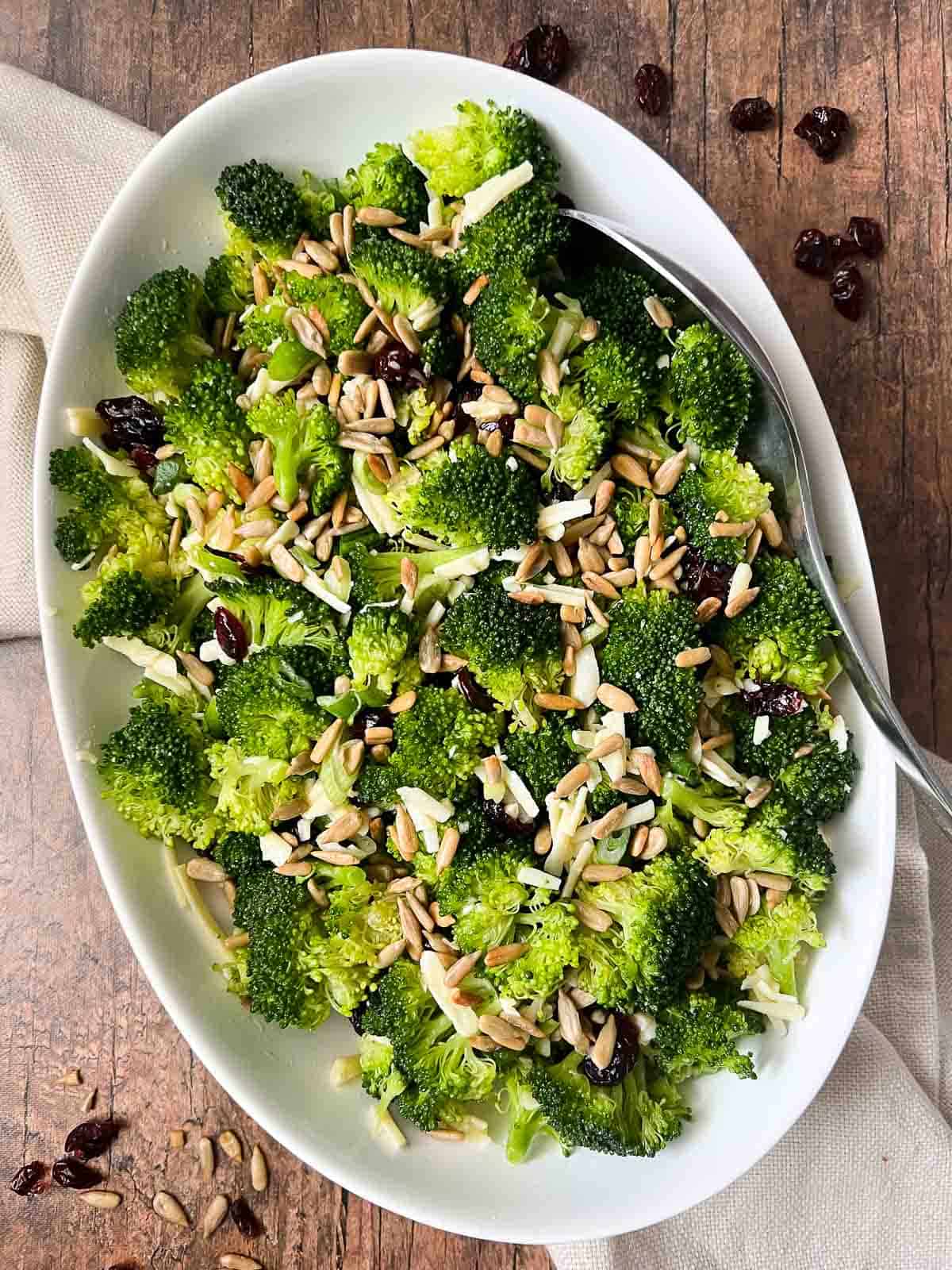 Overhead view of an oval bowl filled with broccoli salad with honey-mustard dressing and sprinkled with toasted sunflower seeds and dried cranberries.