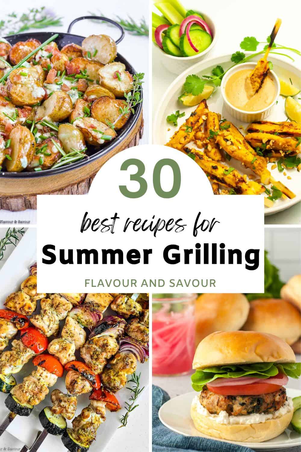 Collage image with text overlay for 30 best recipes for summer grilling.