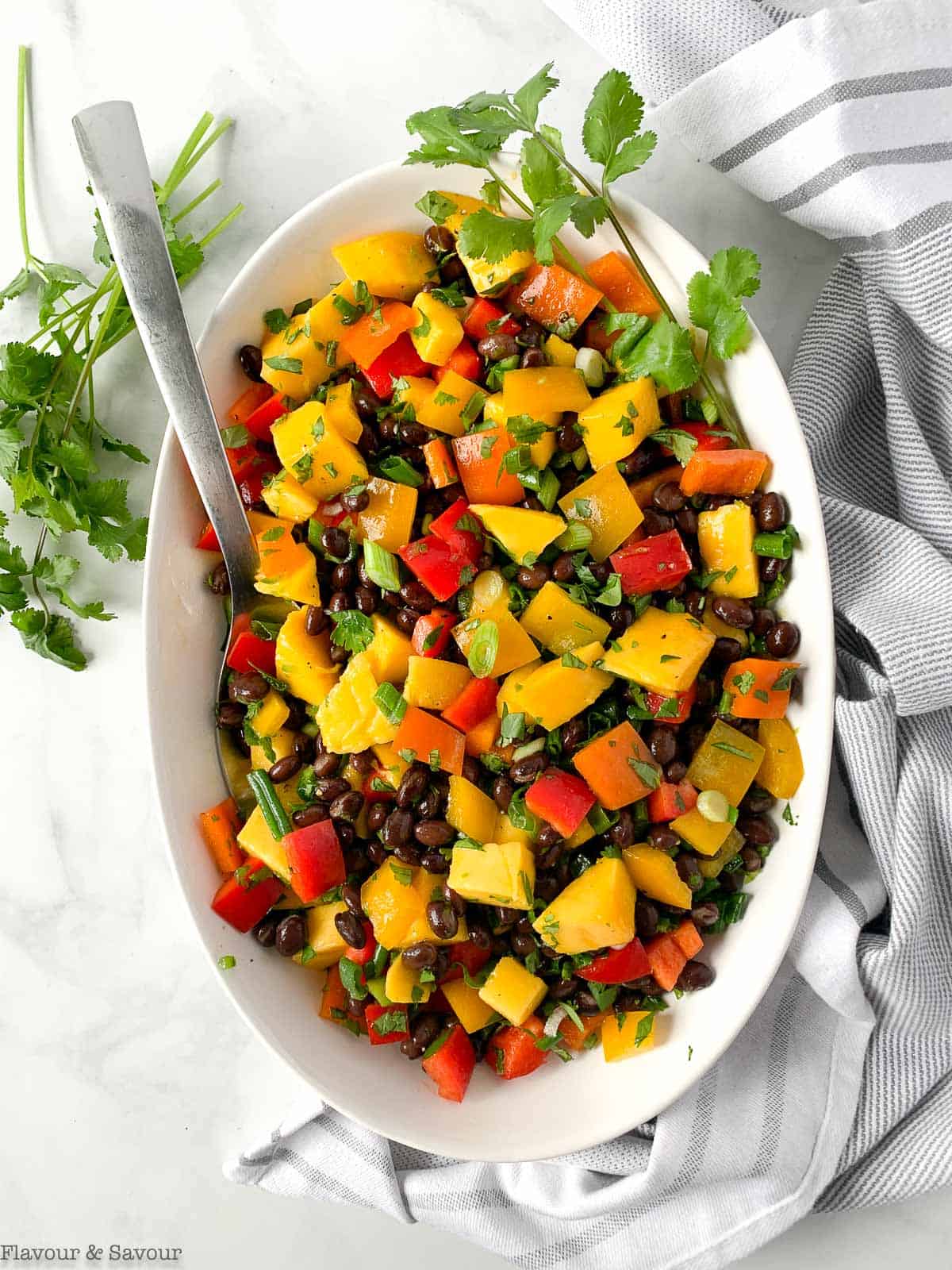 Overhead view of a mango black bean salad in a large oval bow.