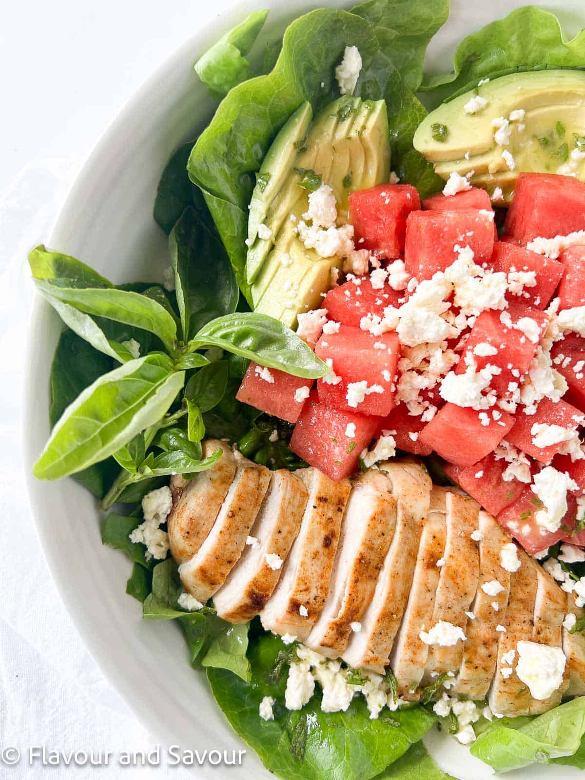 Close-up view of a bowl of chicken salad with avocado, watermelon and feta cheese.