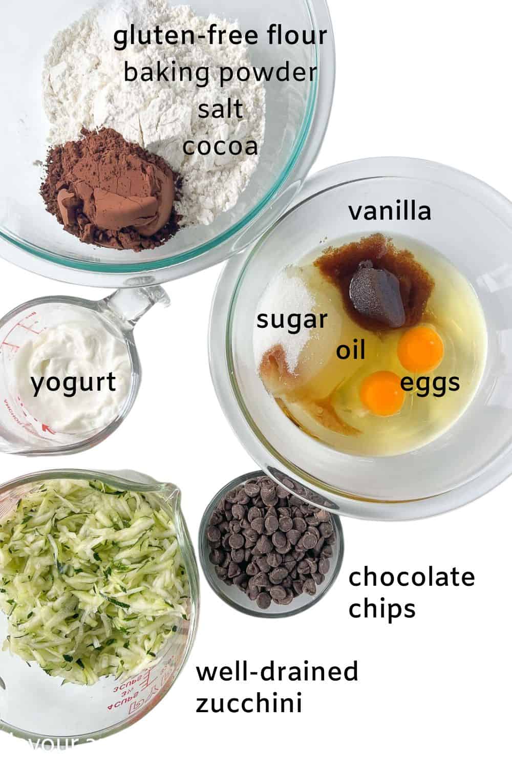 Ingredients for gluten-free double chocolate zucchini muffins.