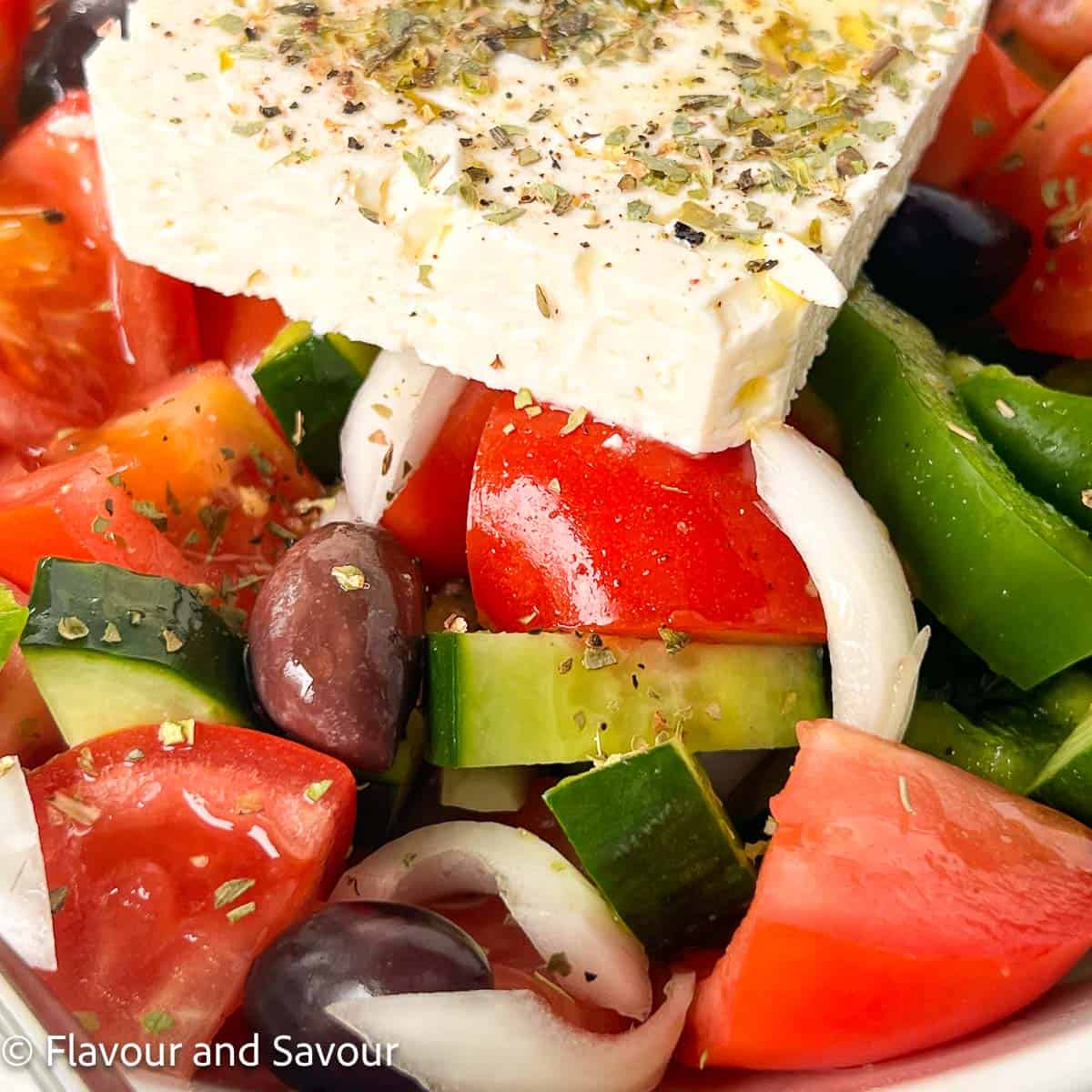 Close-up view of an authentic Greek salad.