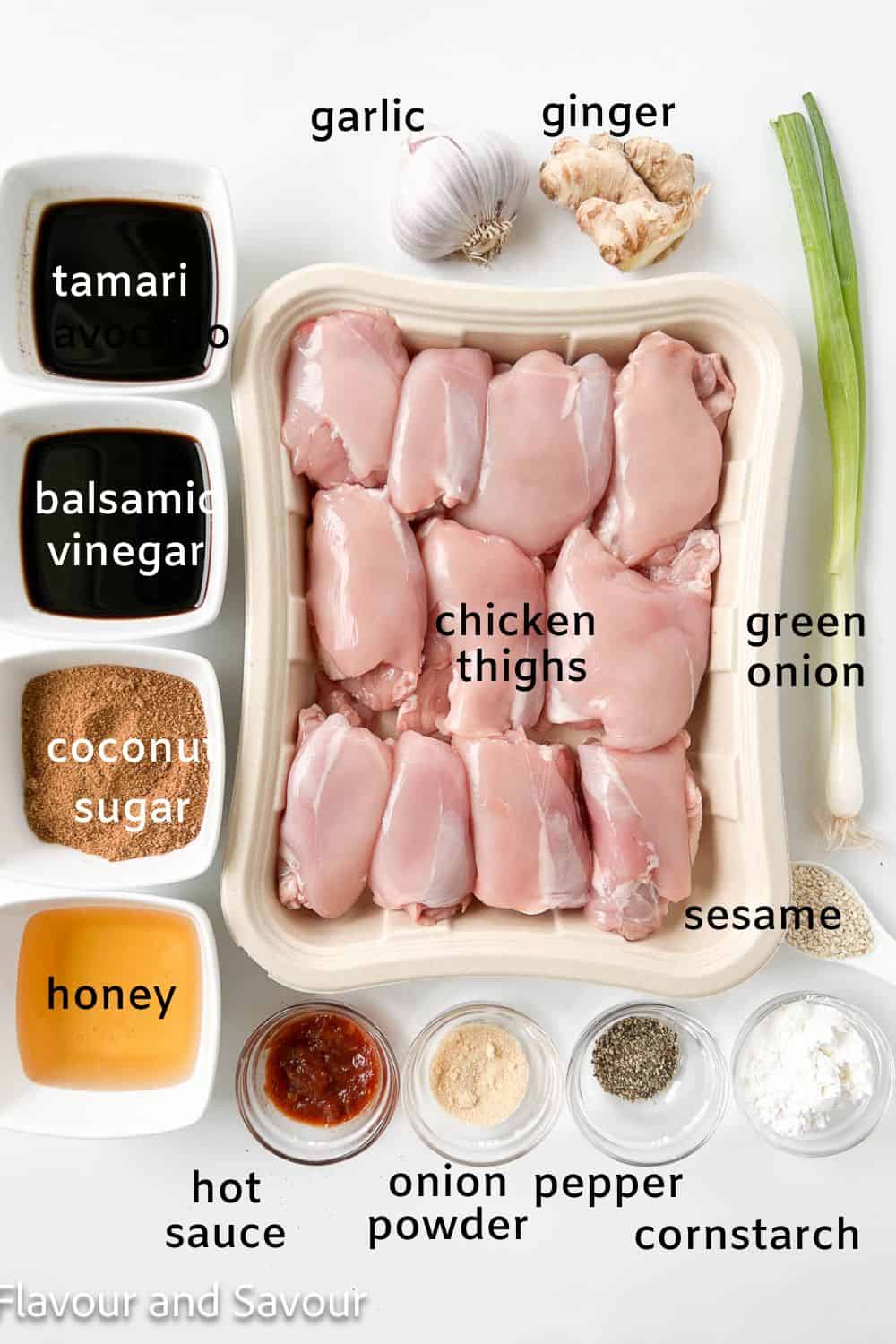 Labelled ingredients for slow cooker sticky chicken thighs.