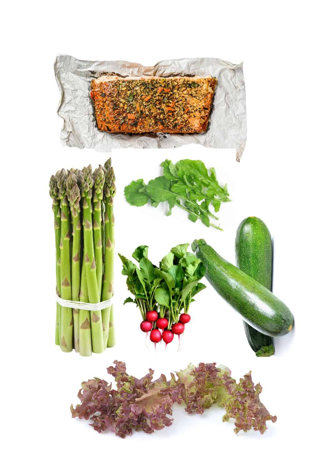 Ingredients for smoked salmon asparagus salad: smoked salmon, asparagus, arugula, radishes, zucchini and lettuce leaves.
