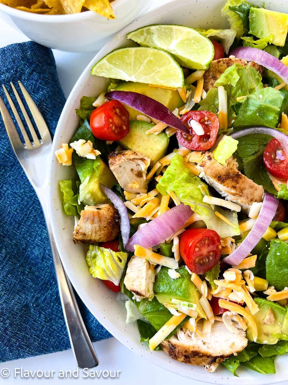 Closeup view of a bowl of chicken taco salad.