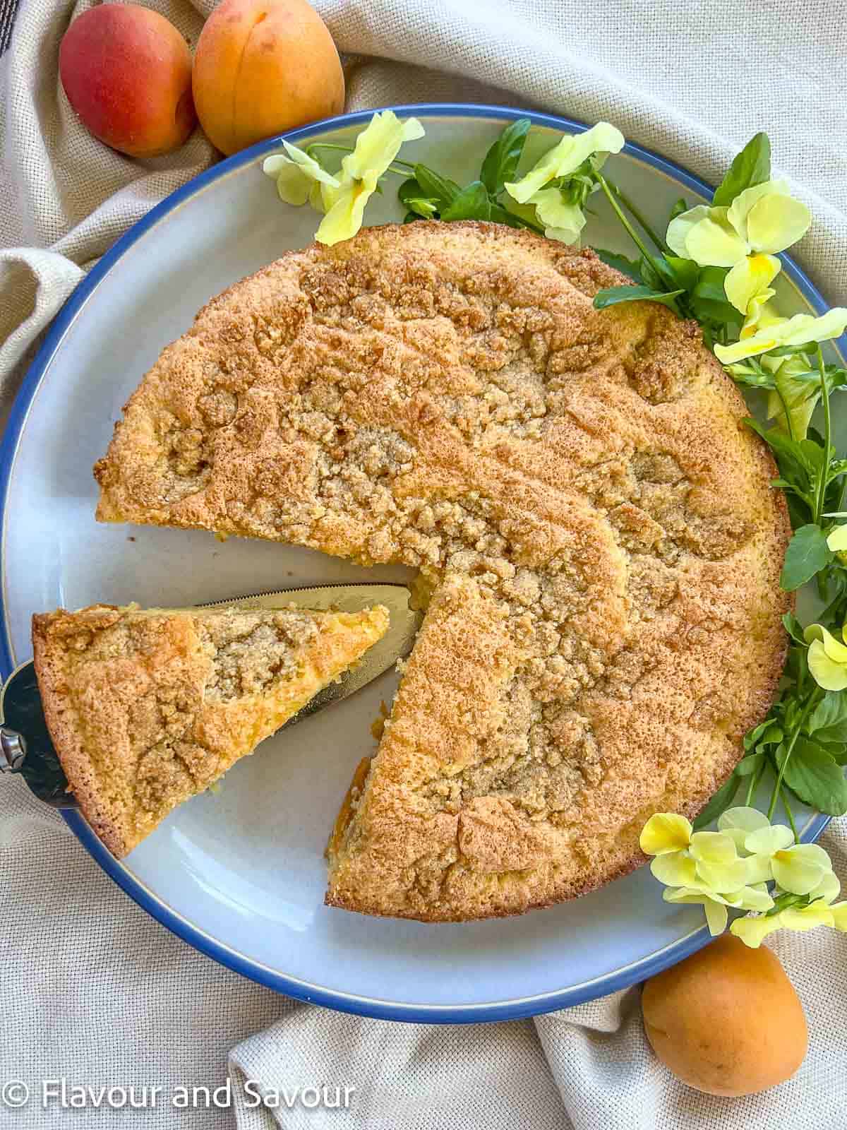 Gluten-free apricot almond flour cake on a blue plate with a slice on a cake lifter.